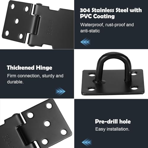 Image of Padlock Latch Lock, 4Inch Stainless Steel Hasp Latch with Padlock Keys Screws, Heavy Duty Black Shed Lock, Waterproof Pad Locks Latches, Gate Locks for Barn Door Cabinet Fence Garage
