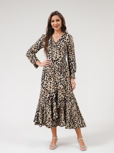 DERAX Women's Fall Leopard Print Midi Dress Long Sleeve V Neck Ruffle Asymmetrical Hem High Slit Cocktail Party Dresses4