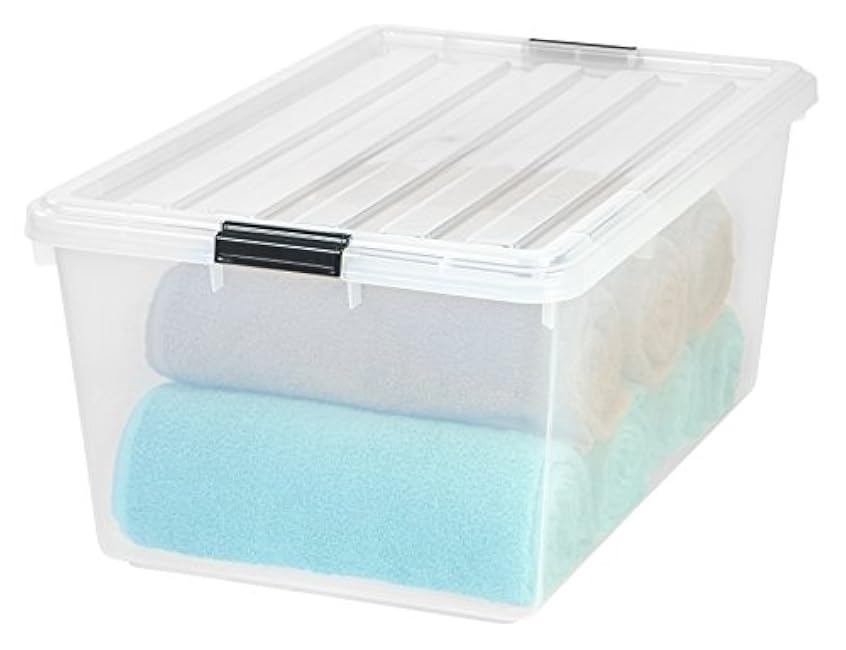 IRIS USA 68 Qt Stackable Plastic Storage Bins with Lids, 1 Pack - BPA-Free, See-Through Organizing Solution, Latches, Durable Nestable Containers, Secure Pull Handle, Made in USA - Clear