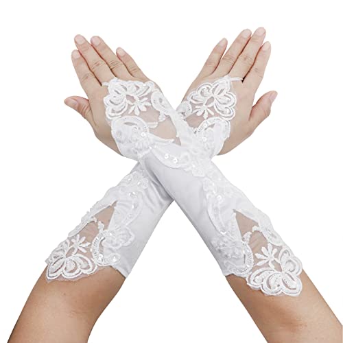 PURFUN Girls Princess Satin Lace Long Fingerless Gloves - Holy Communion, Halloween, Wedding, Flower Girl