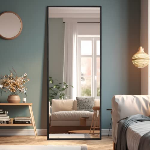 Image of NeuType 65 inchx22 inch Full Length Mirror Floor Mirror with Standing Holder Bedroom /Locker Room Standing /Hanging Mirror Dressing Mirror (Carbon Black Solid Wood)
