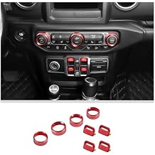 JWWY Air Conditioner Headlight Radio Center Consoles Switch Knob Window Control Button Cover Trim kit for Jeep Wrangler JL JLU 2018-2026 & Gladiator JT 2020-2026 Red Aluminum Alloy 8pcs