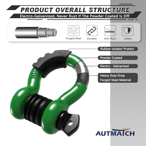 AUTMATCH 3/4" D Ring Shackle (2 Pack) 41,887Ibs Break Strength with 7/8" Screw Pin and Shackle Isolator Washers Kit for Tow Strap Winch Off Road Vehicle Recovery Dark Green & Black