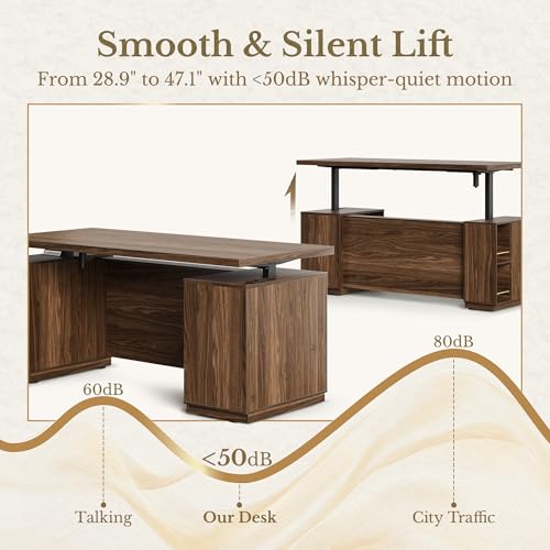 Perledesign Home Office Furniture Set, 70" Standing Desk with 4 Drawer File Cabinet and 73'' Bookcase, Executive Desk with AC/USB, Tall Bookshelf with Drawers, Fluted Style Black Walnut