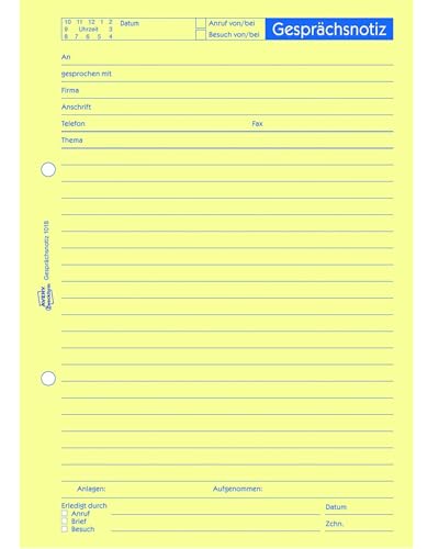 AVERY Zweckform 1018 Gesprächsnotiz (A5, Abreißblock, oben verleimt, 50 Blatt) gelb