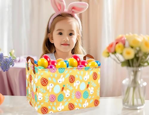 Image of Large Rectangular Easter Baskets Empty Waterproof Boy Toy Box Foldable Kid's Gifts Storage Bin Spring Room Decor(Yellow Leaf Rabbit Egg)