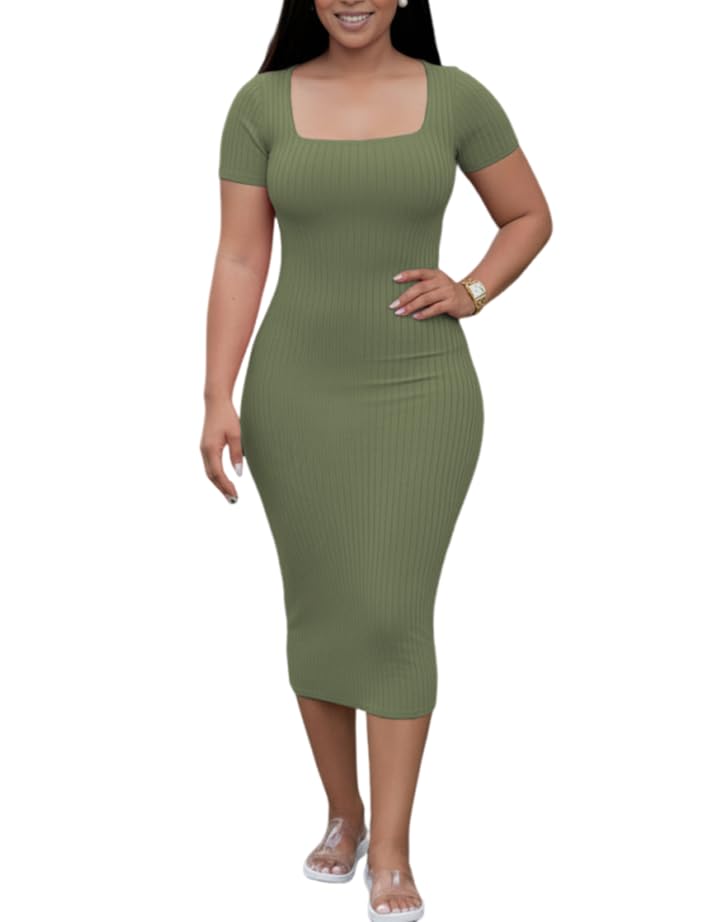Image of TOPSRANI Women Sexy Midi Dress Bodycon Casual Sleeveless Basic Ruched Tank Summer Club Party Dresses