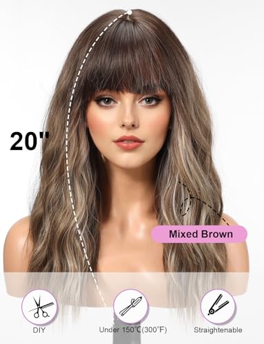 WOKESTAR Long Wig with Fringe Synthetic Wavy Wigs for Women Mixed Brown Color - Image 3