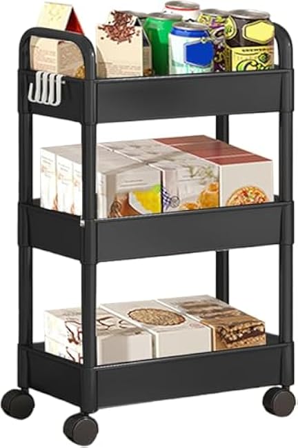 3-Tier Kitchen Storage Cart Utility Cart Bathroom Organizer Mobile Shelving Unit Shelves Multi-Functional Trolley,Craft Cart for Kitchen Office, Laundry, Living Room(Black)-Rd1cxvgc
