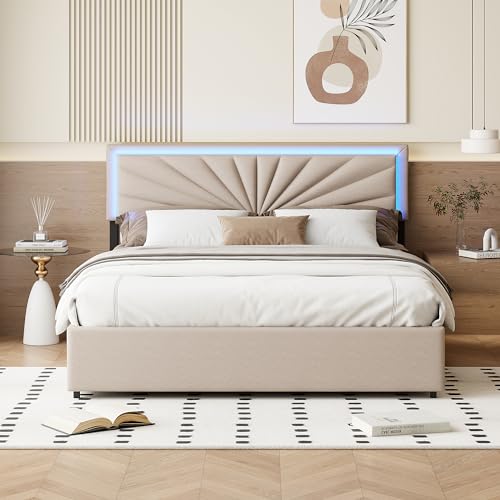 CoziFome Cama tapizada de 160 x 200 cm, cama doble con 4 cajones de almacenamiento, cabecero de cama LED con somier de láminas de madera, respaldo de cama, cama juvenil, cama infantil de lino, sin