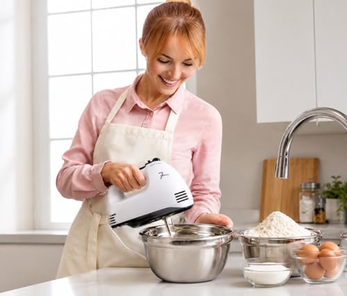 Image of Electric Hand Mixer for Kitchen - Handheld Cake Blender with 4 Stainless Steel Attachments, Beaters & Dough Hooks for Whipping Cream, Baking & Mixing (Pack of 1)