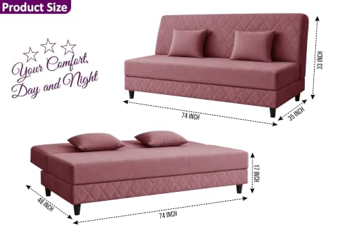 Image of Velvet Fabric Sofa Cum Bed | 3 Seater Sofa Bed | Premium Upholstered Folding Couch for Living Room, Guest Room & Bedroom | Quilted Backrest with 2 Cushions (Rose Pink)