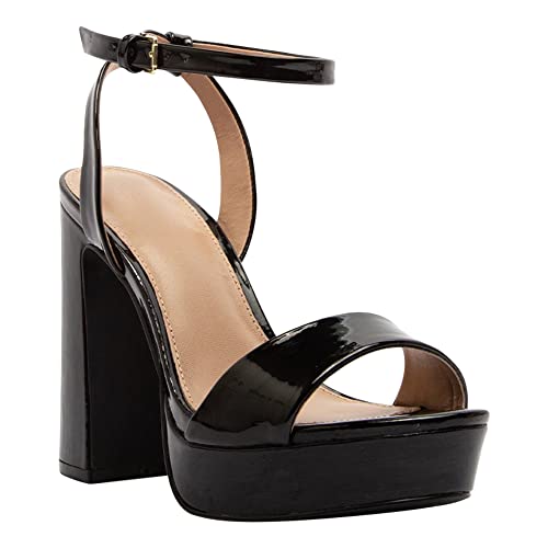 SOBEYO Women's Platform Sandals Ankle Strap Chunky Block High Heels Open Toe Shoes Black Patent Size 6