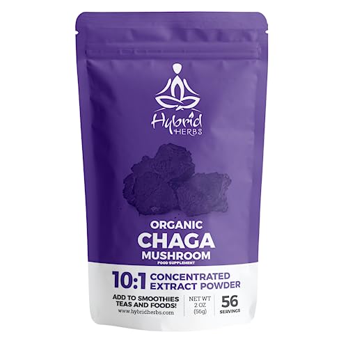 HYBRID HERBS Organic Wild Chaga Mushroom Powder 10X Strength - Supplement for Energy Skin & Brain Support Rich in Antioxidants & Beta Glucans | HIGH Potency 10:1 Extract - 56 Serving (56g)