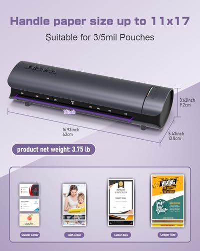Image of Office Presentation Laminator Machine 11x17 with Laminating Sheet A3 /A4 /A5, 3 /5 Mil Thermal Cold Laminating Machine 13 inch Wide, 60s Warm-Up Office Presentation Laminator Machine (Gray)