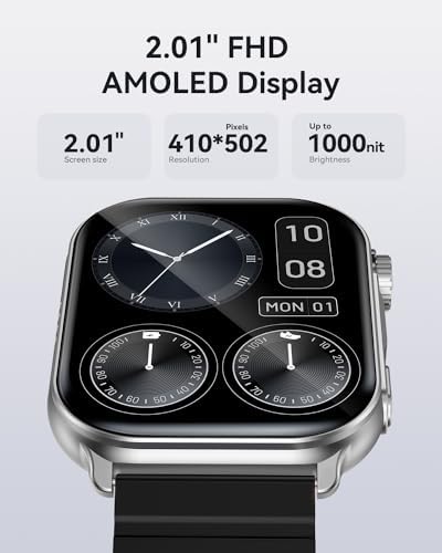 Close-up of Kieslect Smart Watch S1 display showing 2.01 inch FHD AMOLED screen with high resolution and brightness