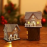 Weihnachtsdeko Holz Haus mit LED Leucht Beleuchtet,2 Stück Winterdorf Weihnachtlicher Zierschmuck,LED-Weihnachtsdorf Aus Holz,Miniatur Haus Deko Weihnachtsartikel,Weihnachten Deko