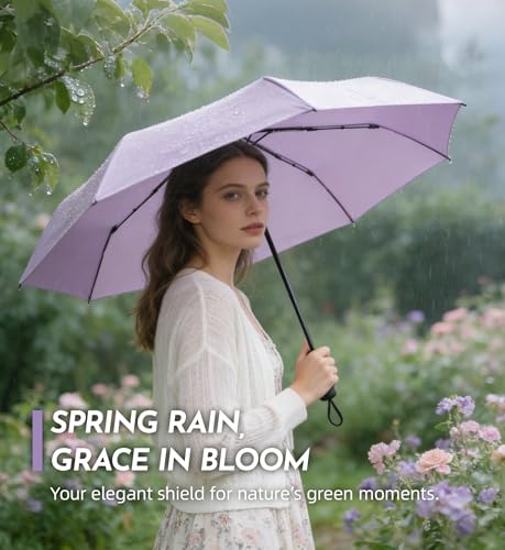 Image of LILAC Umbrella Small Stable Windproof 110 cm Pocket Umbrella Open-Close Compact Travel Umbrella with Fastener & Carabiner, Lightweight Folding Umbrella for Men and Women