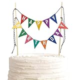 TECCA Happy Birthday Cake Topper Banner with Colorful Double-Sided Bunting Paper Flags. Handmade Foo