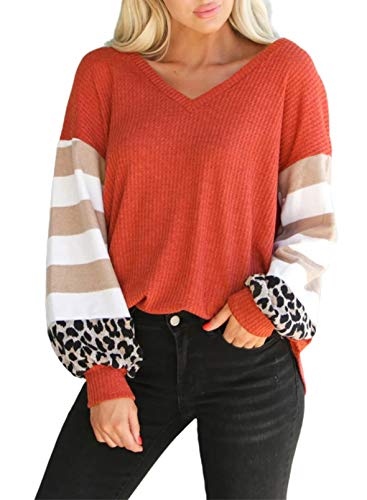 Paitluc Striped Sweater Women's Round Neck Knitted Long Sleeve Color Block Pullover Sweaters Red Size S