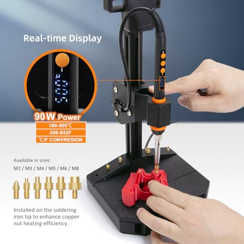 Image of Vertical Heat Set Insert Tool Pressing Machine with 90W Soldering Iron, Heat Set Tips M2-M8, 30PCS Brass Nuts Threaded Inserts for 3D Printed Part