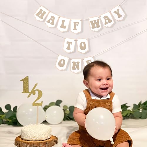 Half Way To One Banner - Baby 1/2 Birthday Party Decorations for Boys Girls, Neutral Rustic Baby Shower Decor, Six Months Happy Birthday Photo Props