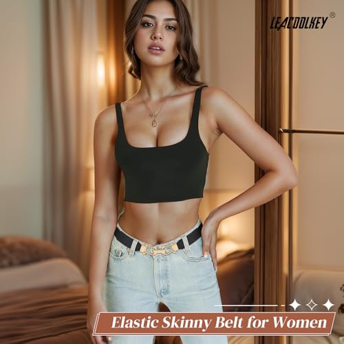 LEACOOLKEY 2 Pack Women Skinny Stretch Belts for Dress Ladies Elastic Thin Waist Belt with Gold Buckle4