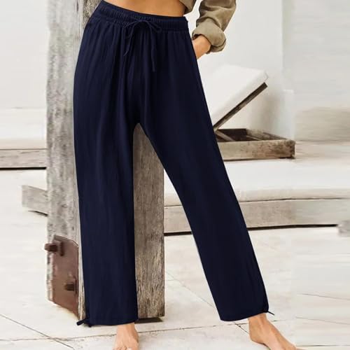 Summer Cotton Linen Pants Women High Waisted Drawstring Baggy Palazzo Pants Casual Adjectable Wide Leg Trousers2