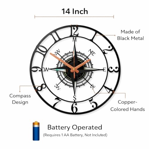 Image of PRAMUKH FASHION Wall Clock Stylish Metal Analog Wall Clock for Living Room, Bedroom, Office, Kitchen, Home and Hall | Antique Fancy Big Size Modern Wall Watch (ST-6 Black, 14 INCH)