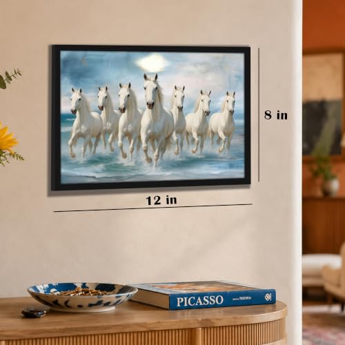 Image of PAINTINGMANTRA 7 White Running Horses Vastu Framed Wall Art Painting for Living Room| Seven Horse Poster with frame for Wall, Decoration item for bedroom, 10x13 Inch
