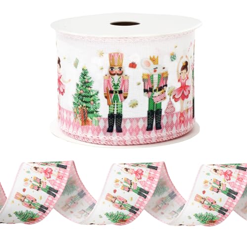 JarThenaAMCS Christmas Wired Edge Ribbon 12 Yards Pink Nutcracker Xmas Tree Fabric Ribbon Holiday Cartoon Craft Ribbons for Birthday Baby Shower Wreath Bow DIY Crafts