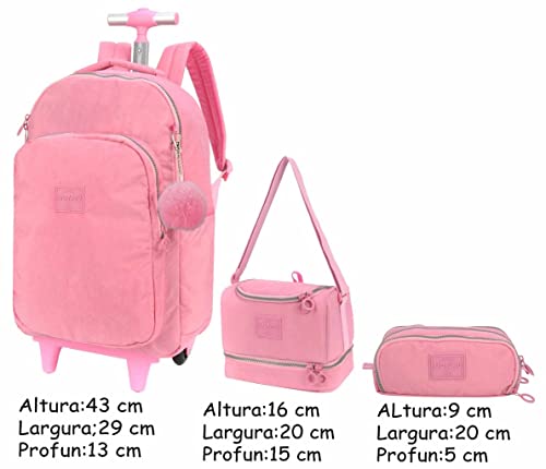 Kit Mochila Escolar Rodinhas Feminina Menina Juvenil Infantil Crinkle Rosa Chaveiro Lancheira Dupla
