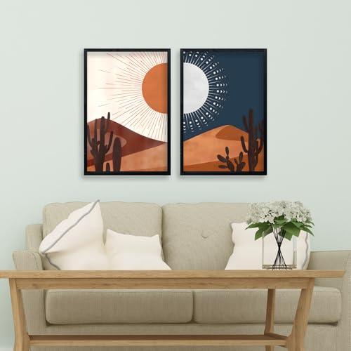 Sun and Moon Cactus Desert Landscape Wall Art Decor 24"x16" Modren Farmhouse Living Room Set of 2 Botanical Prints Wooden Framed Bedroom Boho Multicolor Minimal Wall Hanging Sign (Black) - Image 7