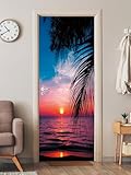 FLFK 3D Tropischer Sonnenuntergang Wohnzimmer Türtapete Wandbilder Selbstklebend Tür Poster Vinyl Entfernbar Mauer Aufkleber Zuhause Dekor 77x200CM
