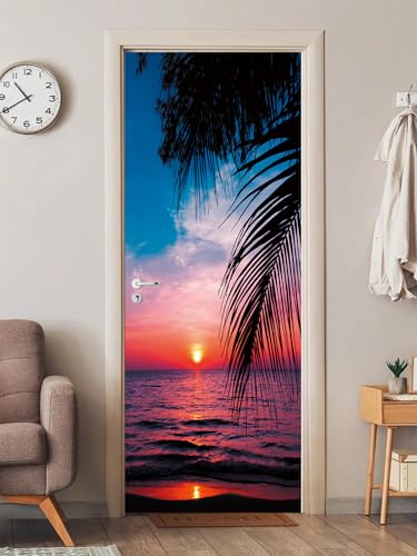 FLFK 3D Tropischer Sonnenuntergang Wohnzimmer Türtapete Wandbilder Selbstklebend Tür Poster Vinyl Entfernbar Mauer Aufkleber Zuhause Dekor 77x200CM