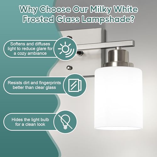 Image of Ascher Bathroom Light Fixtures, 2-Light Vanity Light Over Mirror, Brushed Nickel Wall Sconces with Milky White Frosted Glass Shades, Wall Lamp for Living Room Bedroom, E26 Base(Bulbs Not Included)