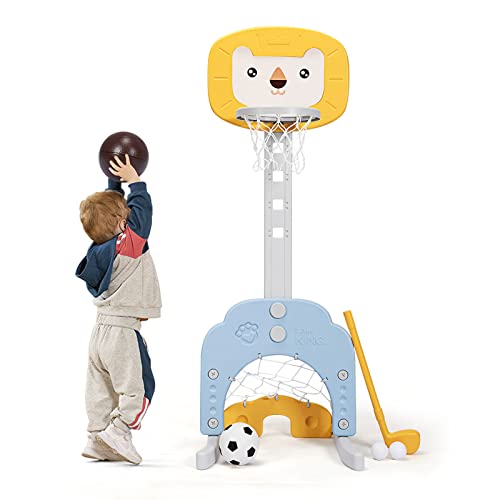 AKUSTIK 3 in 1 Toddlers Basketball Hoop Stand, Adjustable Height Sports Center with Basketball Soccer Golf Game Set, Portable Indoor Outdoor Activity Playset Gift for Kids 1-3 (Yellow)