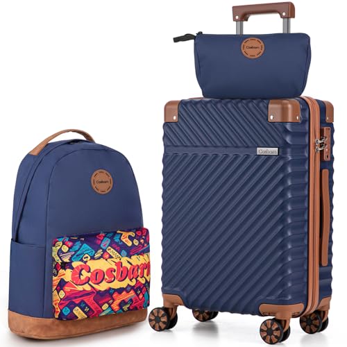 Image of Cosbarn Carry On Luggage 22x14x9 Airline Approved, Hardside 20 Inch Carry on Suitcases with Wheels, Hard Shell ABS Lightweight Carry on Luggage Set, Travel Suitcase Set with TSA Lock, DarkBlue