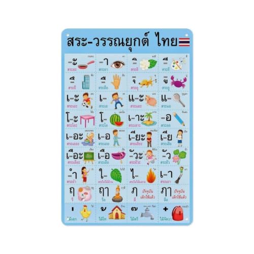 Metal Thai Writing System Plate 12x8 Inch | Printed letter reference for classroom study break room bedroom wall