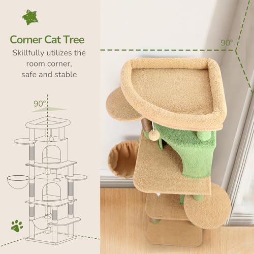 Image of Globlazer Cactus Corner Cat Tree Tower for Large Cat, 66inch Tall Large Cat Tree Condo for Multiple Indoor Cats with 6 Scratching Posts, 2 Spacious Cat Condos, Soft Hammock, Hanging Basket, C66, Green