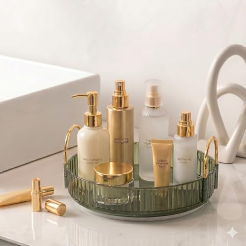 Image of INOVERA (LABEL) 360 Rotation Makeup Organizer for Women, Girls & Bride - Dressing Table Cosmetic Storage Case - Bathroom Vanity Skincare Holder Organiser (1 Tier, Green)