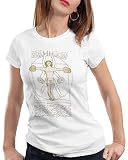 style3 Vitruvianischer Mensch mit Kurzhantel Damen T-Shirt Butterfly Rudern Training, Farbe:Weiß, Größe:M