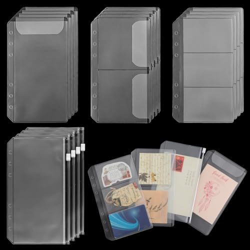 16 Pcs A6 Binder Pockets,6-Hole Frosted Zipper Folders Cash Envelopes for 6-Ring Binder,Waterproof Money Folder Organizer Bill Pouches Business Card Sleeves,PVC Page Protectors (4 Styles)