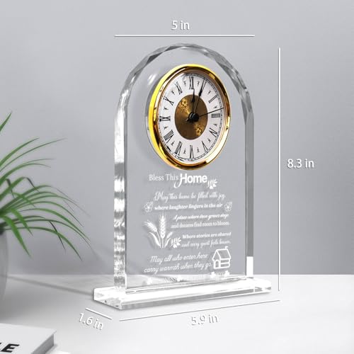 Housewarming Gifts for New Home, Engraved Crystal Glass Clock with Blessing Words, Elegant Home Decoration for Desk, Office, Bedroom - Unique House Warming Gift for Women, Men, Couples, Family by QAZMJUE - Image 3