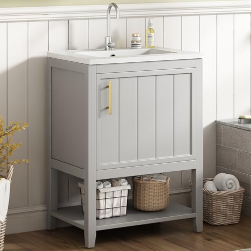YESGIGA Mueble de baño individual para lavabo de 60 cm con lavabo de cerámica, con estante (gris claro)