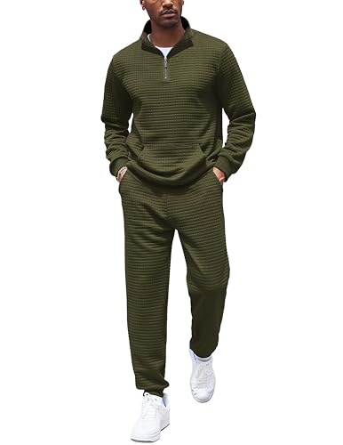COOFANDY Men's Tracksuit 2 Piece Quarter Zip Sweatsuit Workout Plaid Jacquard Jogging Suit Set