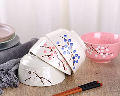 Vanenjoy Set Of 4 Japanese Style Ceramic Rice Bowl,4 Assorted Color Cherry Blossoms Among Snow Flake Pattern Bowls Set #TOP5