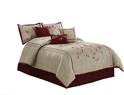 Chezmoi Collection Miki Luxury 7-Piece Red Cherry Blossoms Floral Embroidery Bedding Comforter Set (King, 108" x 92")