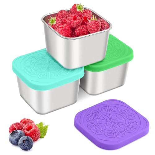 Qukaka Stainless Steel Snack Containers for Kids,7.2oz Easy Open Leak Proof Reusable Snack Box Container with Lids,Small Lunch Containers for Meal Prep,School,Picnic and Travel-3Pack