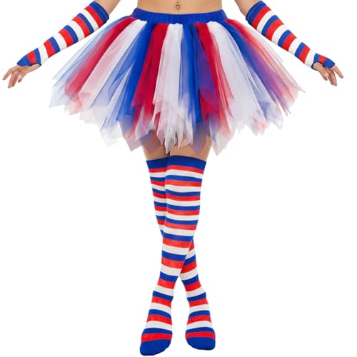 Fluffy Tulle Tutu Skirt July 4th Costume Satin Lined Skirts with Striped Socks for Independence Day Run Spirit Week (Red/White/Blue Medium)